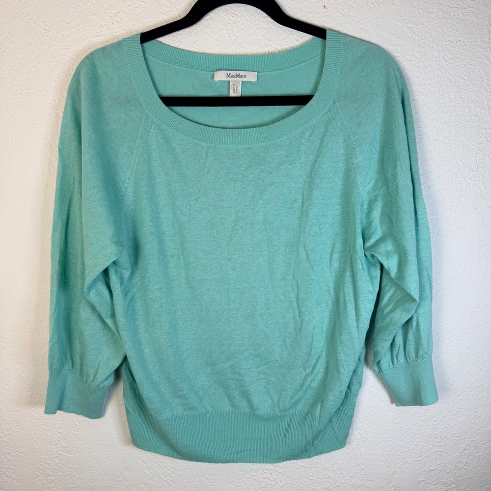 Max Mara Women M Aqua Blue Scoop Neck Raglan Sweater Coastal Soft Minimalist
